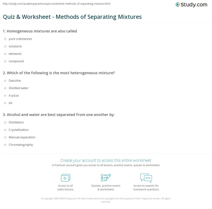 Separating mixtures worksheet with answers